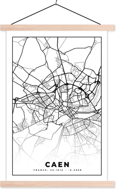 Posterhanger incl. Poster 40x60 cm - Schoolplaat - Kaart - Caen - Stadskaart - Frankrijk - Plattegrond - Zwart wit - Textielposter - Blanke latten - Stadskaart
