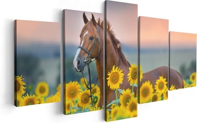 Artaza Canvas Schilderij Vijfluik Bruin Paard Tussen De Zonnebloemen - 100x50 - Foto Op Canvas - Canvas Print