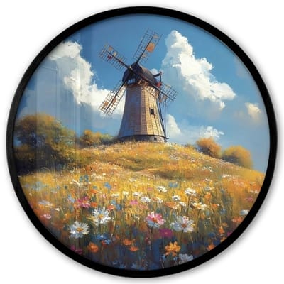 Poster in lijst Rond - Fotolijst 40x40 cm - Posters - Windmolen - Heuvel - Bloemen - Kleurrijk - Ronde posterlijst zwart - Decoratie - Wanddecoratie woonkamer - Muurdecoratie slaapkamer