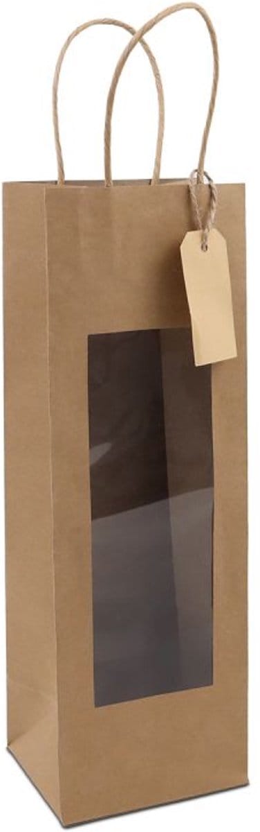 Papieren Cadeautas + Venster & Hangtag - Bruin - 12x10x35cm - 100 st/ds.