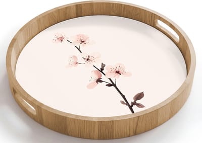 Dienblad rond 40x40 cm - Schootdienblad hout - Minimalistisch - Bloesem - Tak - Roze - Borrelplank rechthoek - Plateau houten dienbladen