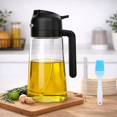 BooGoo® 2-in-1 Olijfolie Sprayer 470 ml – Spray & Schenk – Oliefles – Olie Spray – Olieverstuiver – Airfryer – BBQ – Inclusief Trechter, Bakkwast & E-book