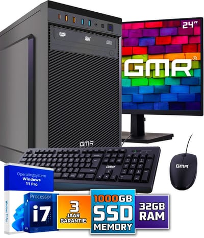 Intel Desktop PC SET 24" met Core i7 - 32GB RAM - 1000GB SSD - WiFi - Bluetooth - Windows 11 Pro - Inclusief Muis & Toetsenbord & Monitor
