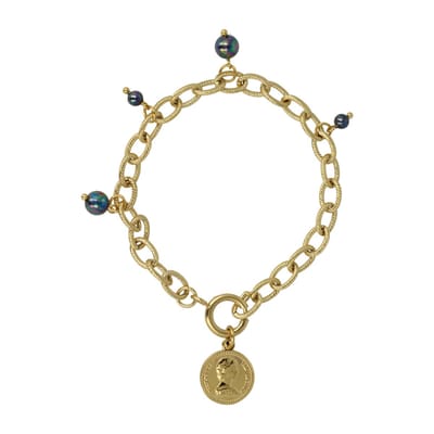 My Bendel - Schakelarmband Goudkleurig met Muntbedel en Zwarte Parel - Goudkleurige Schakelarmband met Zwarte Parel Bedels - met Luxe Cadeauverpakking | Sieraden Voor Dames
