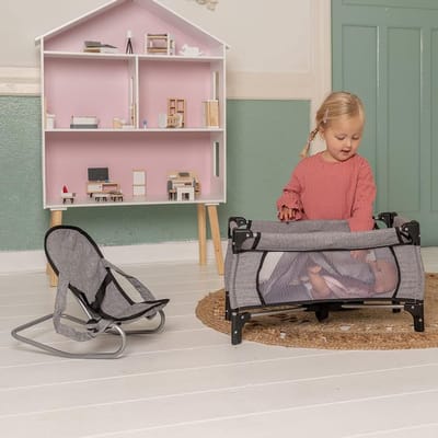 Poppenbed en Wipstoel Set voor Poppen tot 54 cm - Grijs