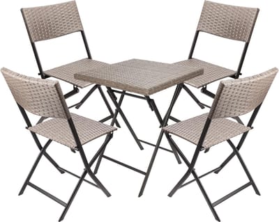 BRUBAKER Balkonset Toscane met tafel en 4 stoelen, weerbestendig, inklapbaar en ruimtebesparend, polyrotan balkonmeubelset, zitgroep voor balkon, terras en tuin, bistroset, klapstoelen, grijs/bruin