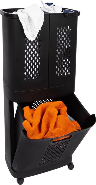 Eleganca Wasmand 3 vakken - XL Formaat 95 Liter - Wassorteerder - Kunststof - D31 x B45 x H90 cm - Afneembare manden - Wasmand op Wielen - Ruimtebesparend - Zwart