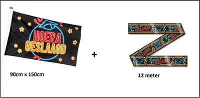 1x Vlag Geslaagd neon 90cm x 150 cm + 1x Afzetlint Neon 12 meter - Diploma geslaagd thema feest party afgestudeerd