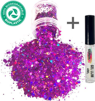 GlittersXL - Chunky Glitters (Galaxy Paars) + Glitter Huid Lijm [Volume 8g - Festival Jewels Glitter Outfit Lichaam en Gezicht - Make-up Diamond Dots Face Body - Diamantjes Strass Steentjes - Kinderen Volwassenen Dames Makeup Tattoo Mastix Schmink]