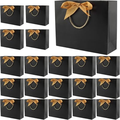 20 Stuks Zwarte Papieren Geschenkzakken met Gouden Striklint voor Feestdagen, Verjaardagen en Bruiloften - Ideaal voor Cadeaus, Decoratie en Feestjes, 32 x 25 x 11 cm