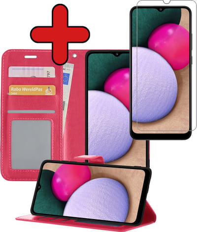 Hoesje - Met Screenprotector - Geschikt voor Samsung Galaxy A02s - Luxe Pasjeshouder - Flipcase - Bookcase Portemonee - Flip Case - Kunstleer Book Case - Book Cover - Walletcase - Portemonneehoes - Telefoonhoes - Donkerroze