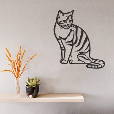 Wanddecoratie Kat - Muurdecoratie Kat - Muurdecoratie Hout - Wanddecoratie Hout - Muurdecoratie Woonkamer - Wanddecoratie Woonkamer - Wanddecoratie Industrieel - Wanddecoratie Dieren - Home Decor - Wall Line Art - 33 x 29 cm