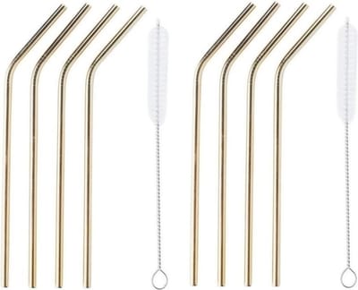 8x RVS rietjes goud met 2 borsteltjes 20 cm - Duurzame, milieuvriendelijke drinkrietjes/rietjes van RVS