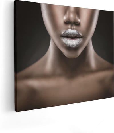 Artaza Canvas Schilderij Zwarte Vrouw - 50x40 cm - Wanddecoratie Lippen Portret - Muurdecoratie Woonkamer - Schilderijen Op Canvas