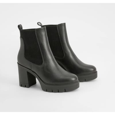 boohoo Dames Brede pasvorm, getextureerde Chelsea-laars met chunky hak | Zwart | Maat: 38
