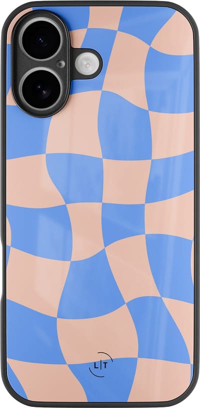 Hoesje geschikt voor iPhone 17 - Wavy checkboard - Luxe Glazen Hardcase - Hippe print - Paars - Leuke Telefoonhoesjes