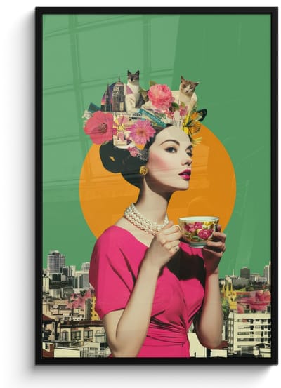 Poster in lijst - Fotolijst 80x120 cm - Posters - Retro - Vrouw - Stad - Zon - Posterlijst zwart - Decoratie - Wanddecoratie woonkamer - Muurdecoratie slaapkamer