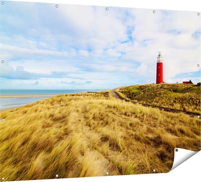 Gards Tuinposter Vuurtoren met Duinen in Texel - 160x120 cm - Tuindoek - Tuindecoratie - Wanddecoratie buiten - Tuinschilderij