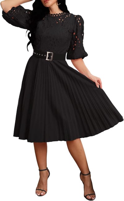 Lace Pleated Midi Dress with Puff Sleeves for Parties