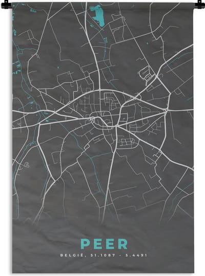 Wandkleed - Wanddoek - Plattegrond – Peer – Blauw – Stadskaart - Kaart - België - 120x180 cm - Wandtapijt