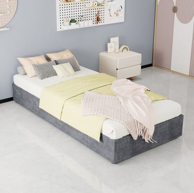 MIVRAY Bed 90x200 cm - Eenpersoonsbed Zonder Matras met Gaslift en Opbergruimte - Zonder Hoofdbord - Stof - Grijs