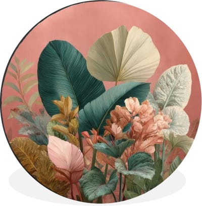 WallCircle - Wandcirkel - Muurcirkel - Tropische bladeren - Bloemen - Roze - groen - Aluminium - Dibond - 30x30 cm - Binnen en Buiten