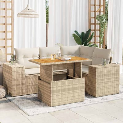 vidaXL - 5-delige - Loungeset - met - kussens - poly - rattan - beige
