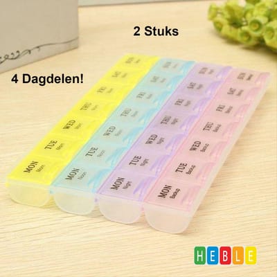 *** 2 Stuks Pillendoos 28 Compartimenten - 7 dagen - 4 Vakken per dag - Grote vakjes - van Heble® ***