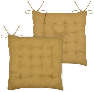Stof Textile stoelkussen Coline - 2x - okergeel - 38 x 38 x 4 cm - touwtjes sluiting - zitkussens - binnen/buiten
