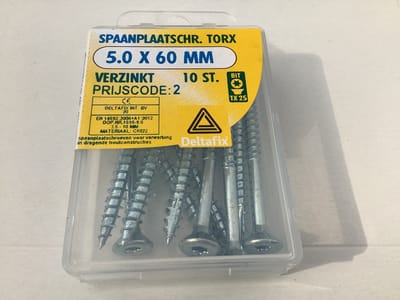 HOUTSCHROEF 5.0 x 60mm. Lang. Verzinkt. Platkop. Torx. 10 stuks spaanplaat schroeven. DeltafiX.