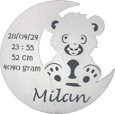 Gepersonaliseerd Houten Geboortebord met Maan en Beer – Uniek Kraamcadeau met Naam, Geboortedatum, Gewicht en Lengte - 38cm - Zilver