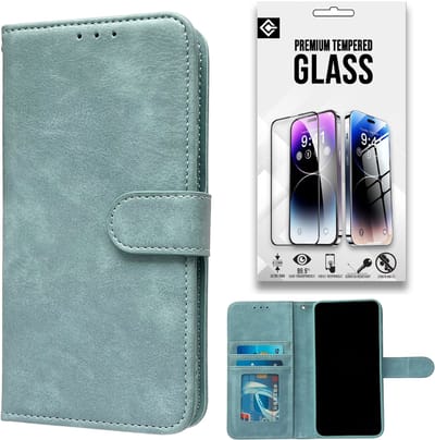 Casemania Hoesje en Glas Geschikt voor Samsung Galaxy A17 5G - Licht Blauw - Luxe Portemonnee Book Case met Pasjeshouder - Wallet Case Telefoonhoesje - 1x Tempered Glazen Screenprotector