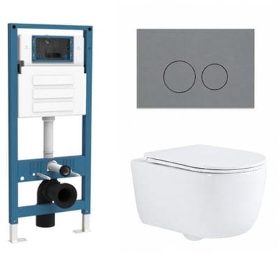 QeramiQ Dely Swirl Toiletset - inbouwreservoir Qeramiq Flush - slim zitting - kunststof licht grijze bedieningsplaat - ronde knoppen - glans wit