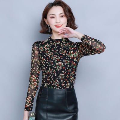 Lente Mode Grote Maat Bloemen Onderhemd Dames Lange Mouw Dunne Shirt Buitenlandse Stijl Slim-passende Binnen Top XXL gray