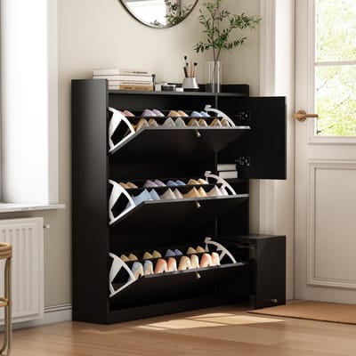 Clruro Schoenenkast 119 x 24 x 122 cm - 3 Kleppen, Lade en Zitbank - Zwart