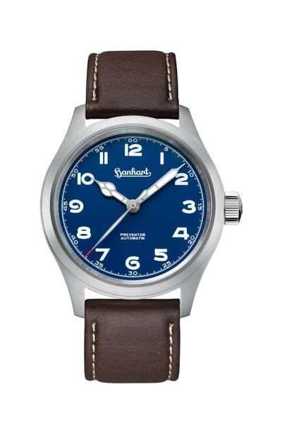 Hanhart Preventor HD12™ - Horloge blauw - Donkerbruine lederen band - 39 mm