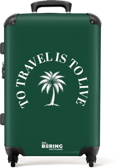 NoBoringSuitcases.com® - Koffer groot - Rolkoffer lichtgewicht - Groen met palmboom en tekst To Travel Is To Live - Vakantie reiskoffer met 4 wielen - Grote trolley XL - Travel suitcase large - 20 kg bagage - Ruimbagage medium met TSA slot