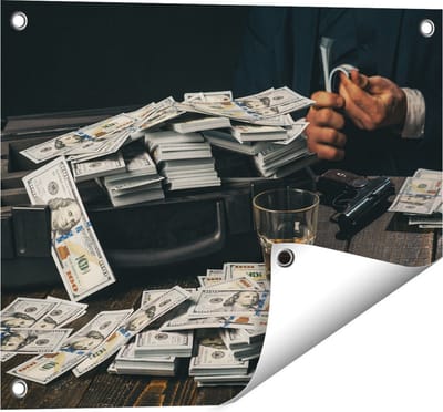 Gards Tuinposter Dollar Geld Briefjes op Tafel van de Maffia - 50x40 cm - Tuindoek - Tuindecoratie - Wanddecoratie buiten - Tuinschilderij