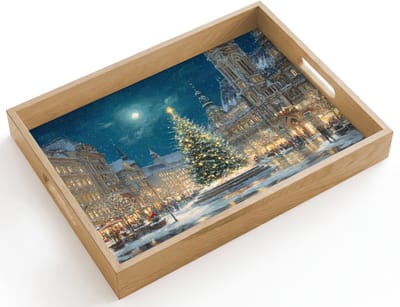 Dienblad hout 40x30 cm - Schootdienblad - Kerstnacht - Stadsplein - Meerkleurig - Borrelplank rechthoek - Plateau dienbladen