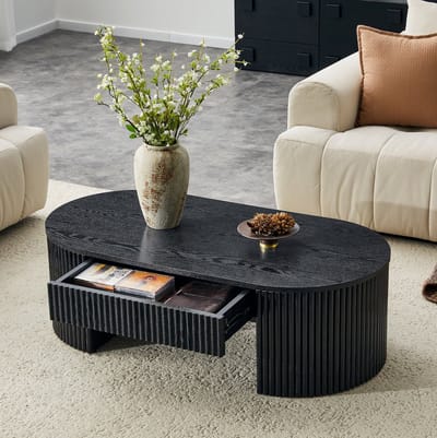 OKWISH Salontafel - Ovaal Met Lade - 105 x 54 x 38 cm - Verborgen Opbergruimte Voor Woonkamer - MDF Zwart Met Houtlook