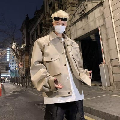 Veste Homme Belle Rétro Cuir PU Courte Épaulette Veste XXL beige