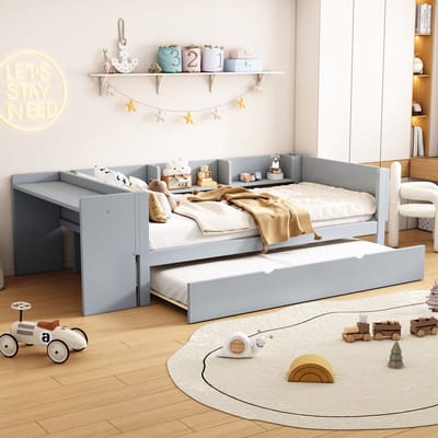 Flatsbed - 90 x 200 cm - Met Uittrekbaar Bed Bureau Drie Planken - Grijs