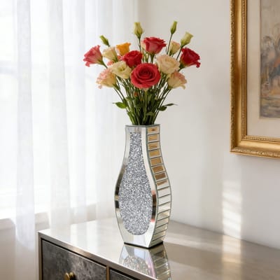 Artloge Tafel Vaas - Zilver Droogbloemenvaas H38,5 cm - Spiegelende Crushed Diamond - niet voor water