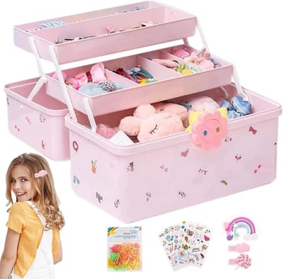 Sieradendoosje Meisjes - Opbergdoos Kinderen - Haarsieraden Organiseren - 3 Lagen Vakken - Groot - Roze