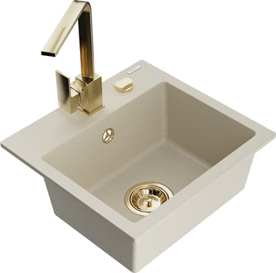 Mexen Milo granieten gootsteen 1-komory met keukenmengkraan Rita, beige - 6505-69-670300-50