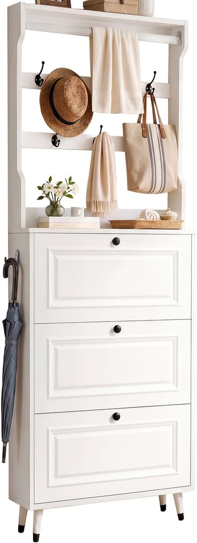 Clruro Garderobekast - 66 × 17 × 180 cm - met Haken - met Schoenenopslag - Hoogglans Wit