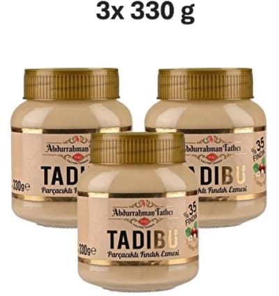 Tadibu Premium Hazelnootpasta met Stukjes 3x 330g – 35% Hazelnoten | Glutenvrij | Zonder Toevoegingen
