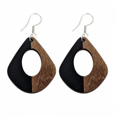 Oorbellen- Rond-driehoek hout-zwart-zilver Mignon -Charme Bijoux
