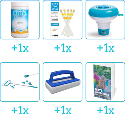 Zwembad Onderhoudspakket - Onderhoud Zwembad - bevat Chloor - Testrips - Chloordrijver - Schoonmaakset - Scrubborstel en Zwembadgids (6-delig)