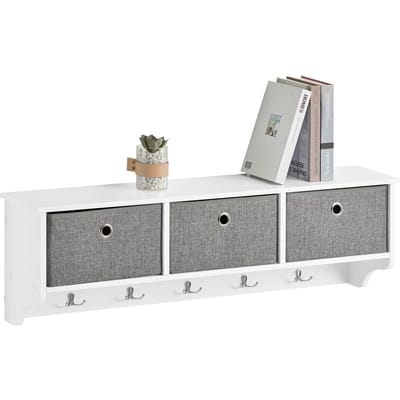 SoBuy FRG282-W Wandkapstok met 3 Lades – Kapstok met 5 Haken & Opbergvakken, Wandrek Halmeubel, Wit-Grijs, 100x20x30cm